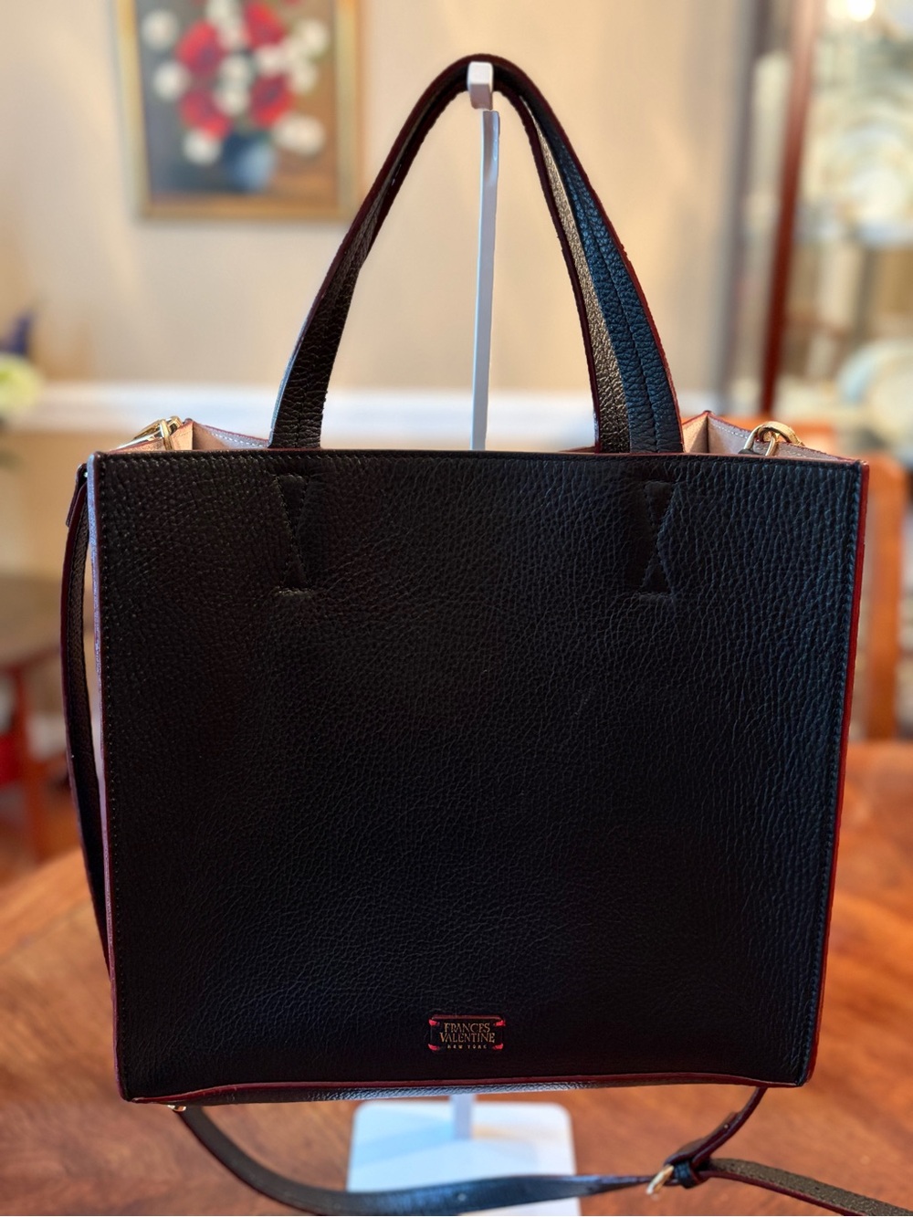 Beautiful Frances Valentine Black Pebbled Leather Tote with Red Trim - Exc Cond